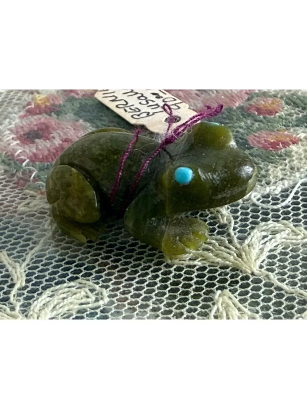 Vintage 70s Bernie Laselute Green Serpentine Carved Zuni Fetish Turquoise Eyes